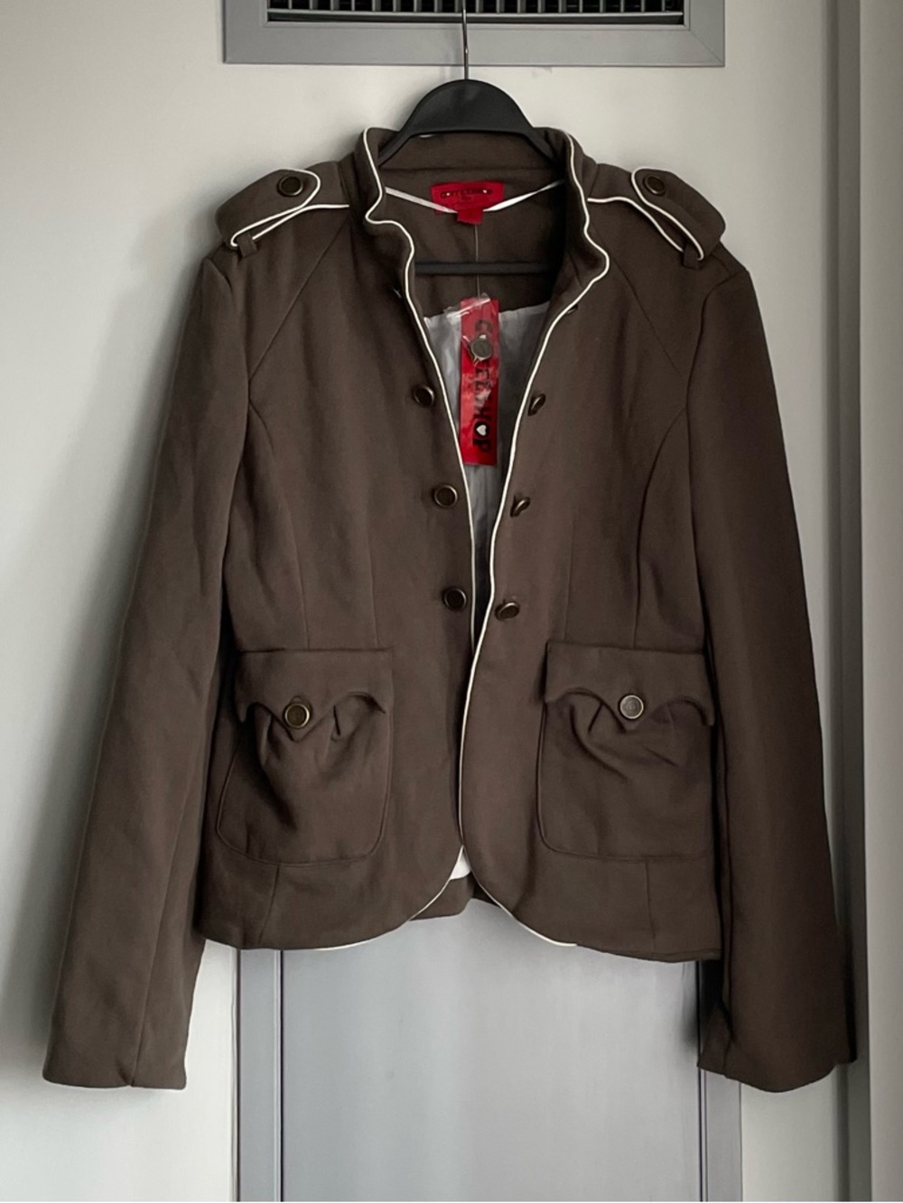 NWT COFFEESHOP Sage Military-Look Blazer with White Piping